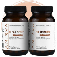 ANIRVA ClearDerm probiotics bottle closeup supports skin clarity and probiotic balance.