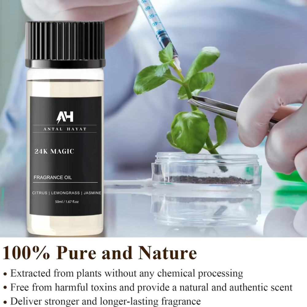 ANTAL HAYAT 24K Magic diffuser oil packaging close-up, premium blend ready for diffusers.