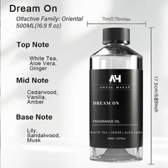 Antal Hayat Dream On ingredients close-up highlighting white tea, vanilla, cedar.