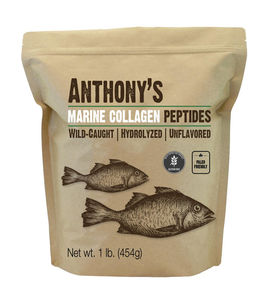 Anthony's hydrolyzed marine collagen powder jar close-up, showcasing pure, tasteless protein.