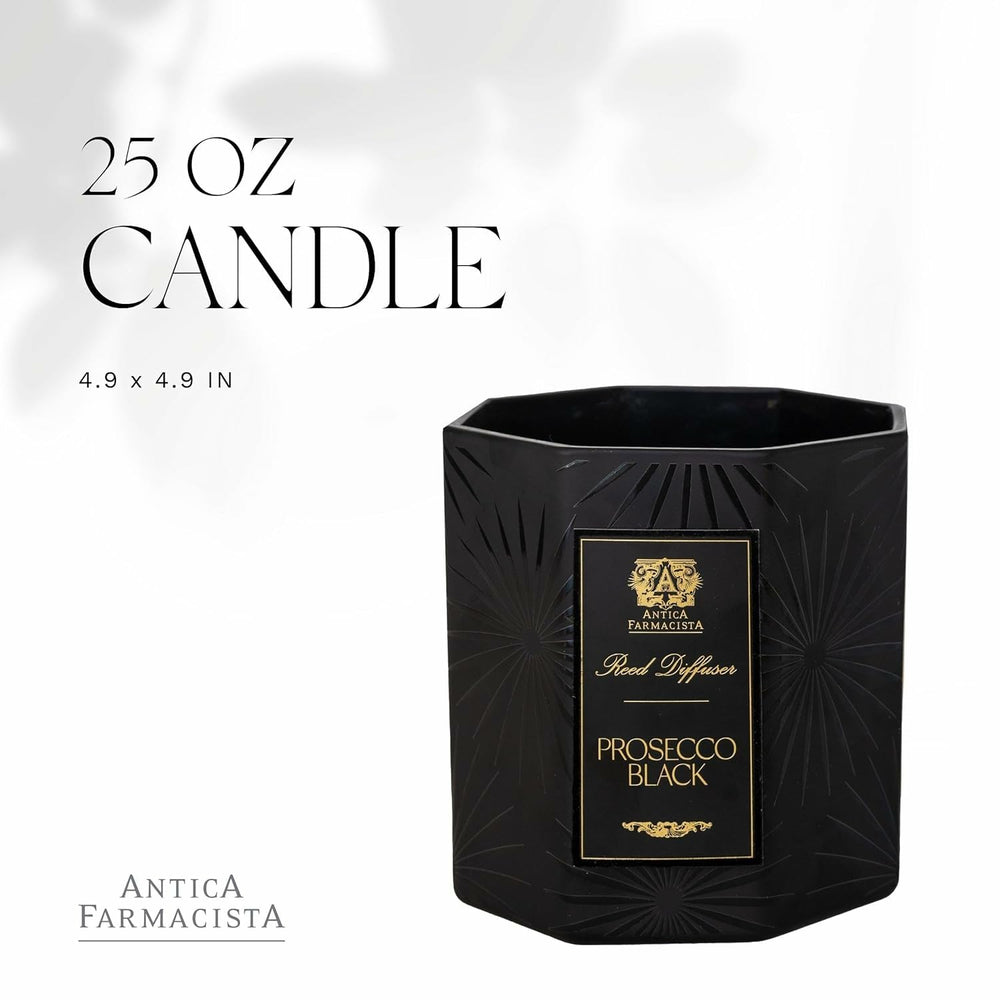 Antica Farmacista Prosecco Black candle vessel with pearlescent texture, elegant home accent.
