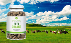 Antler Farms Beef Organs capsules closeup, freeze-dried texture preserved.
