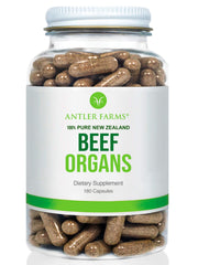 Antler Farms Beef Organs heart bottle closeup, a pure nutrient-dense daily source.
