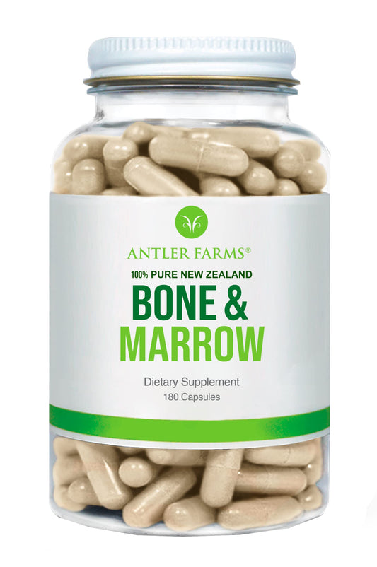 Antler Farms bone marrow bottle shows convenient daily nutrition in 180 capsules.
