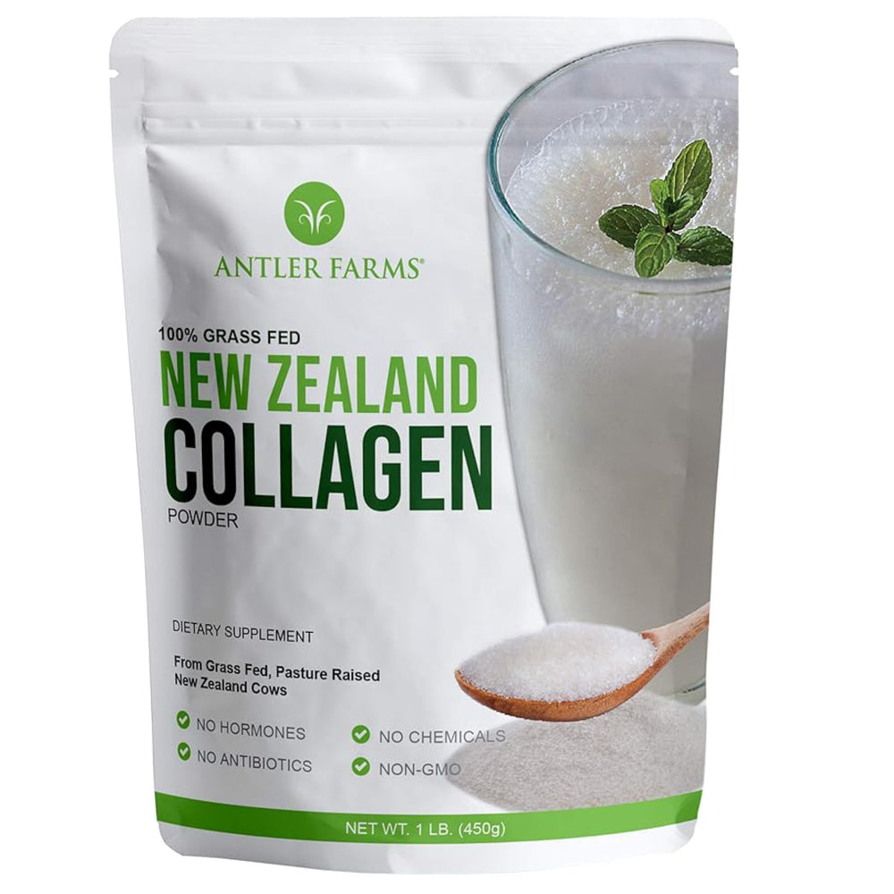 Antler Farms collagen powder tub front, easy mixing into beverages.