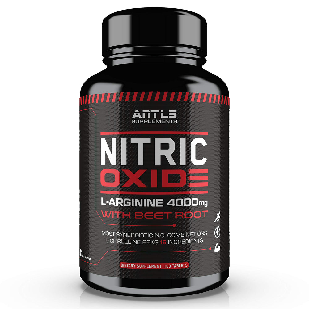 ANTLS Nitric Oxide Booster bottle front showing 180 vegan capsules for pre-workout support.