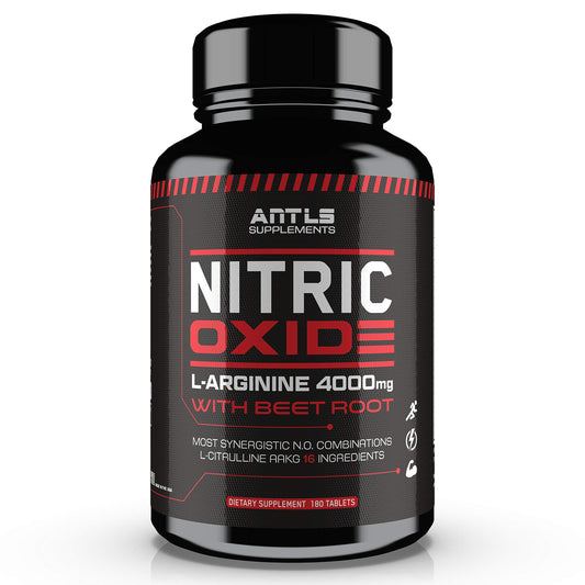 ANTLS Nitric Oxide Booster bottle front showing 180 vegan capsules for pre-workout support.