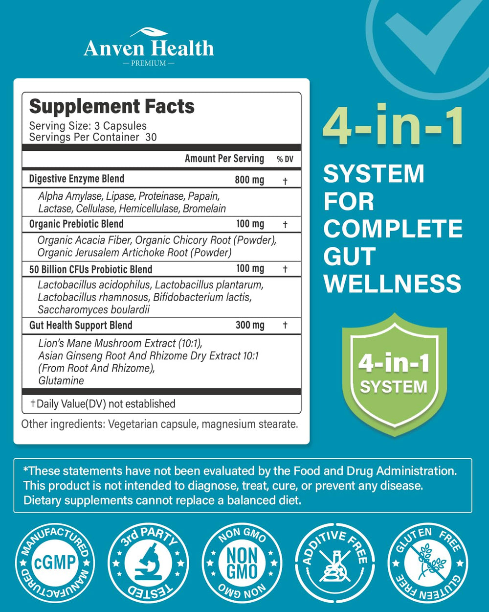 Anven Health 50-billion CFU probiotics capsules highlighting gut flora support.