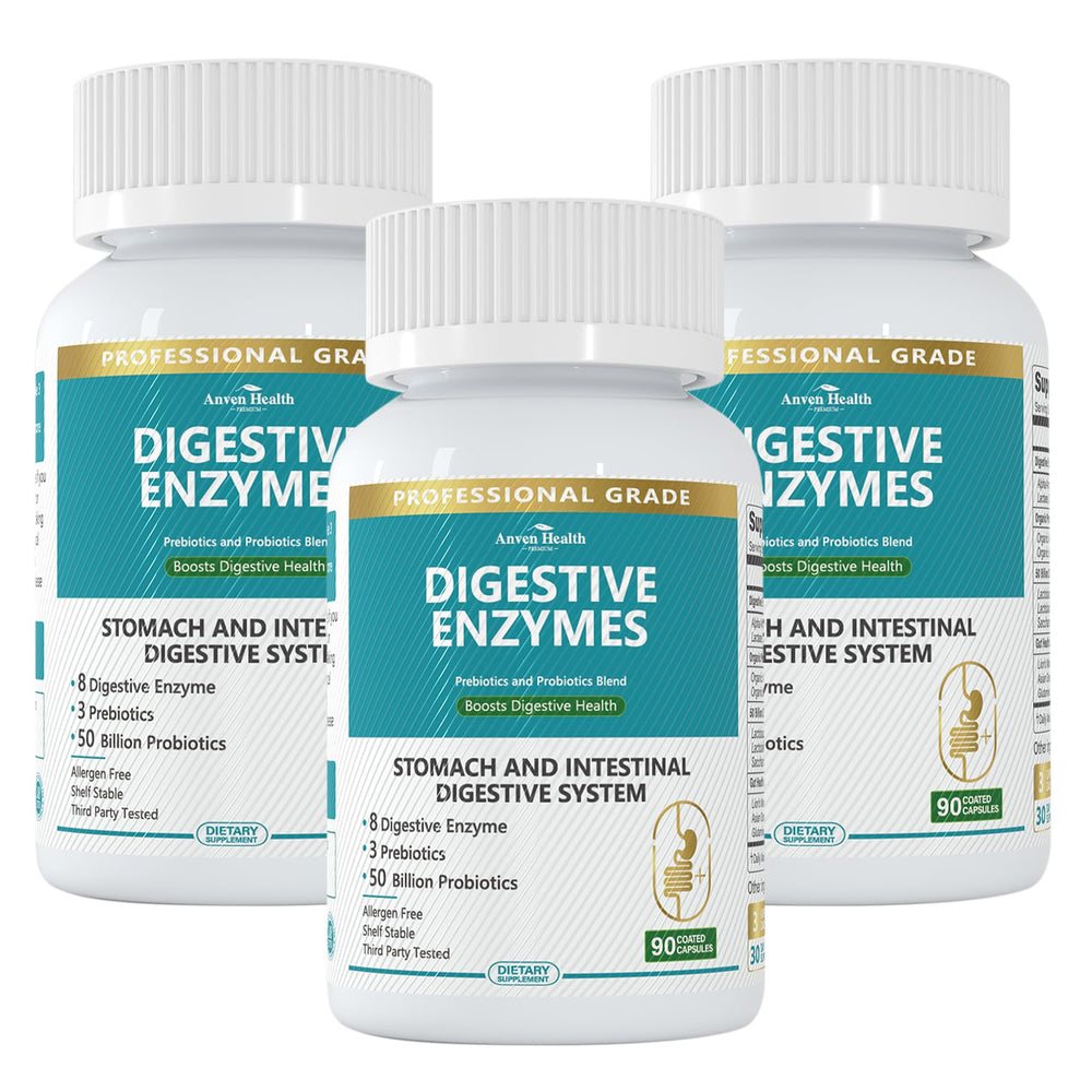 Anven Health 800mg Digestive Enzymes bottle showcasing high-strength formula for smoother digestion after meals.