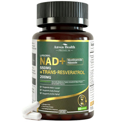 Anven Health liposomal NAD+ Resveratrol bottle front supports energy and healthy aging.