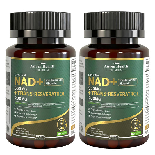 Anven Health Liposomal NAD+ Resveratrol bottle showing energy support.