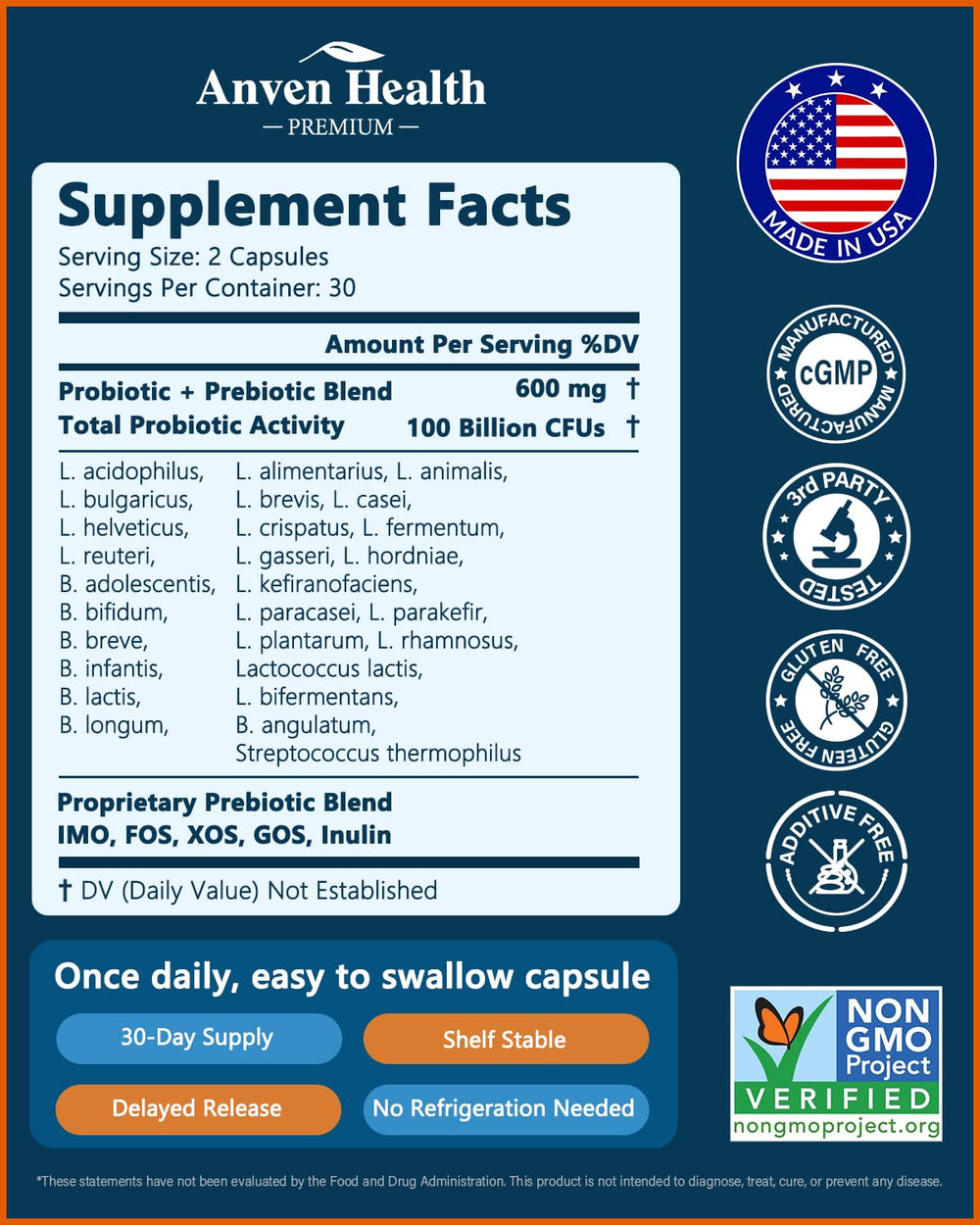 Anven Health no fillers label emphasizing clean, non-GMO ingredients.