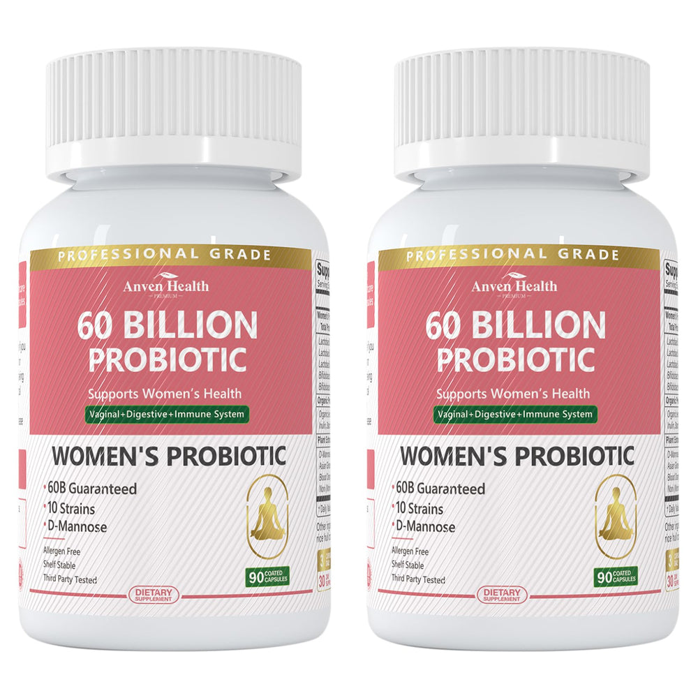 Anven Health Probiotics bottle pouring supports daily balance and vaginal health.