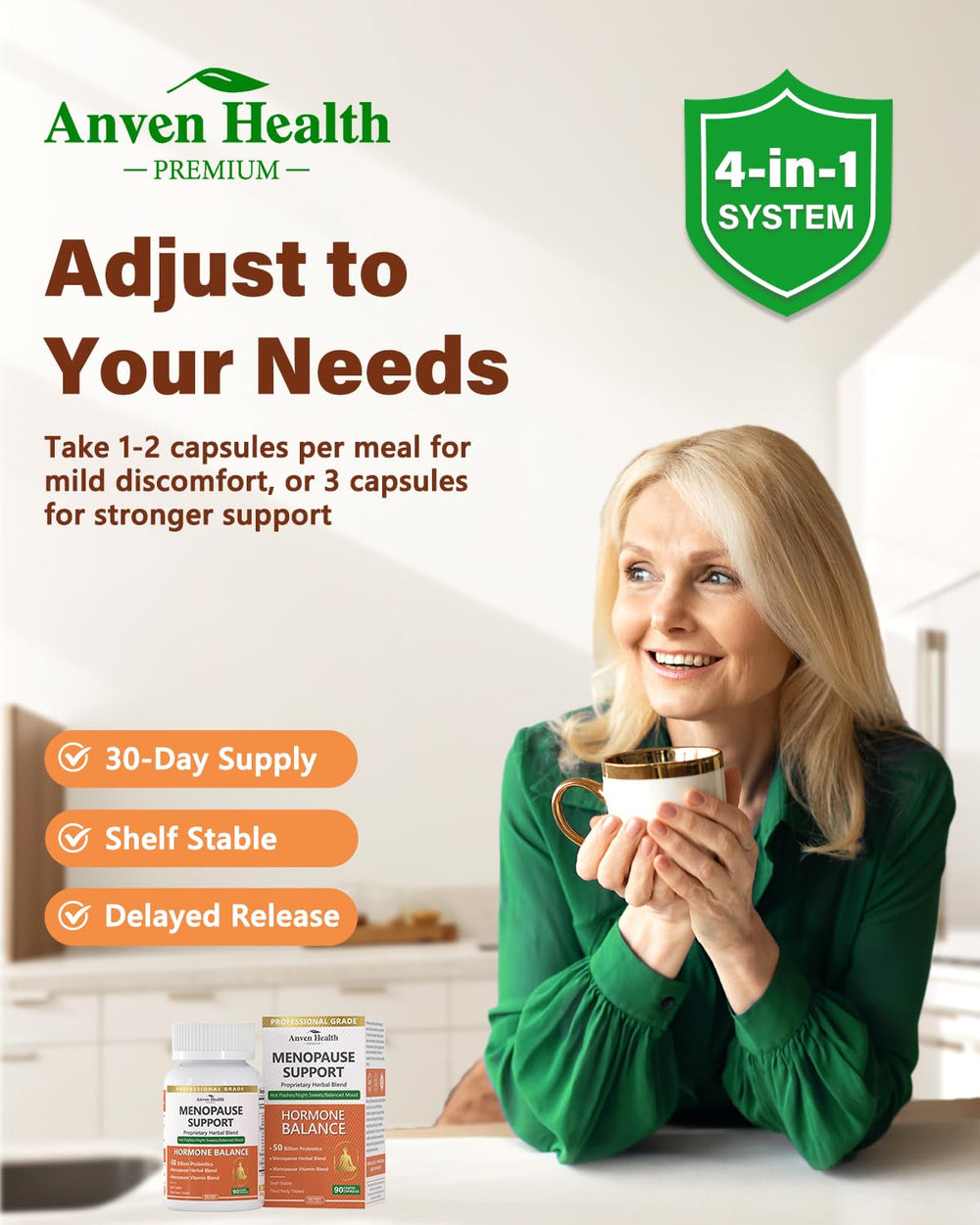 Anven Health soy isoflavones bottle promotes hormonal balance visually.