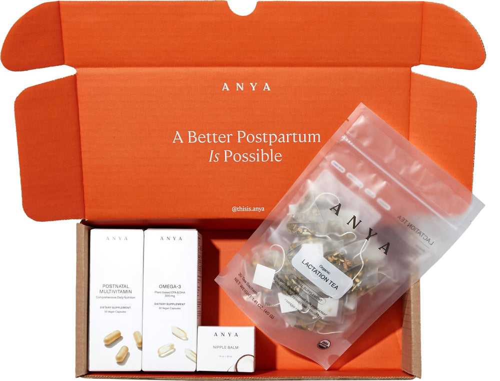 ANYA New Mom Breastfeeding Essentials Kit packaging shows a complete postpartum support set.