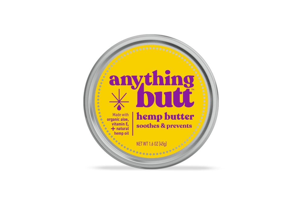 Anything Butt hemorrhoid cream jar close-up showing soothing herbal formula for comfort.