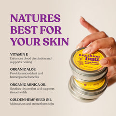 Anything Butt herbal balm packaging emphasizing natural ingredients and gentle care.
