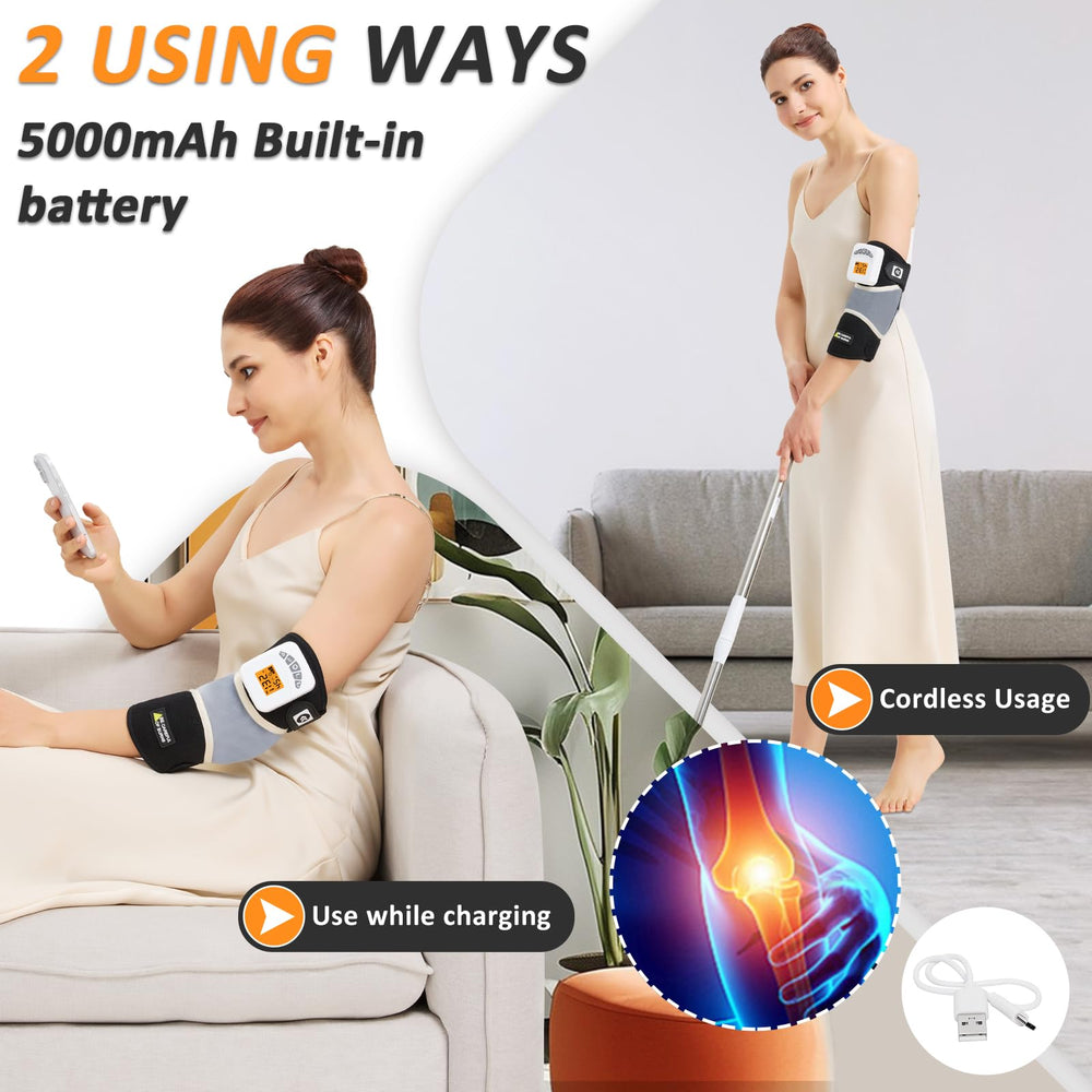 AOKESTE elbow heating pad strapped around the arm for secure, adjustable fit.