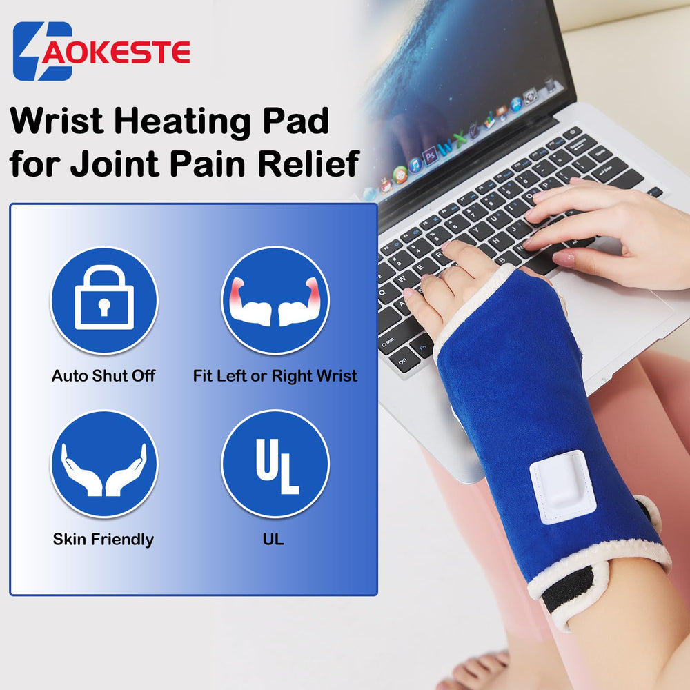 AOKESTE wrist heating pad showing adjustable heat settings for personalized therapy.