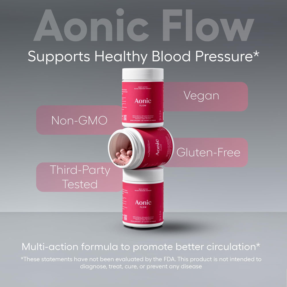 AONIC Flow hawthorn berry detail hints at botanicals supporting heart function.