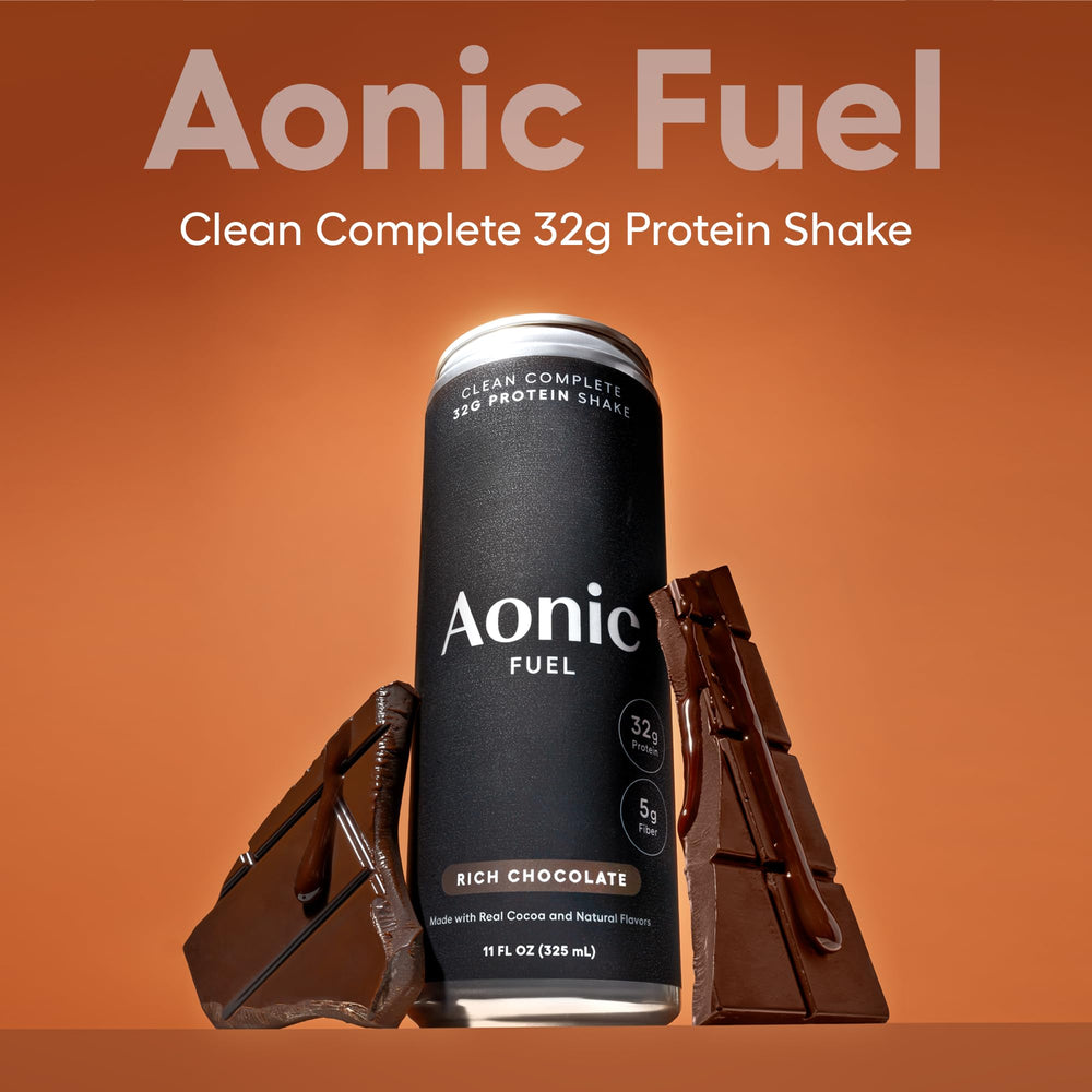Ready-to-drink AONIC Fuel rich chocolate bottle on kitchen counter