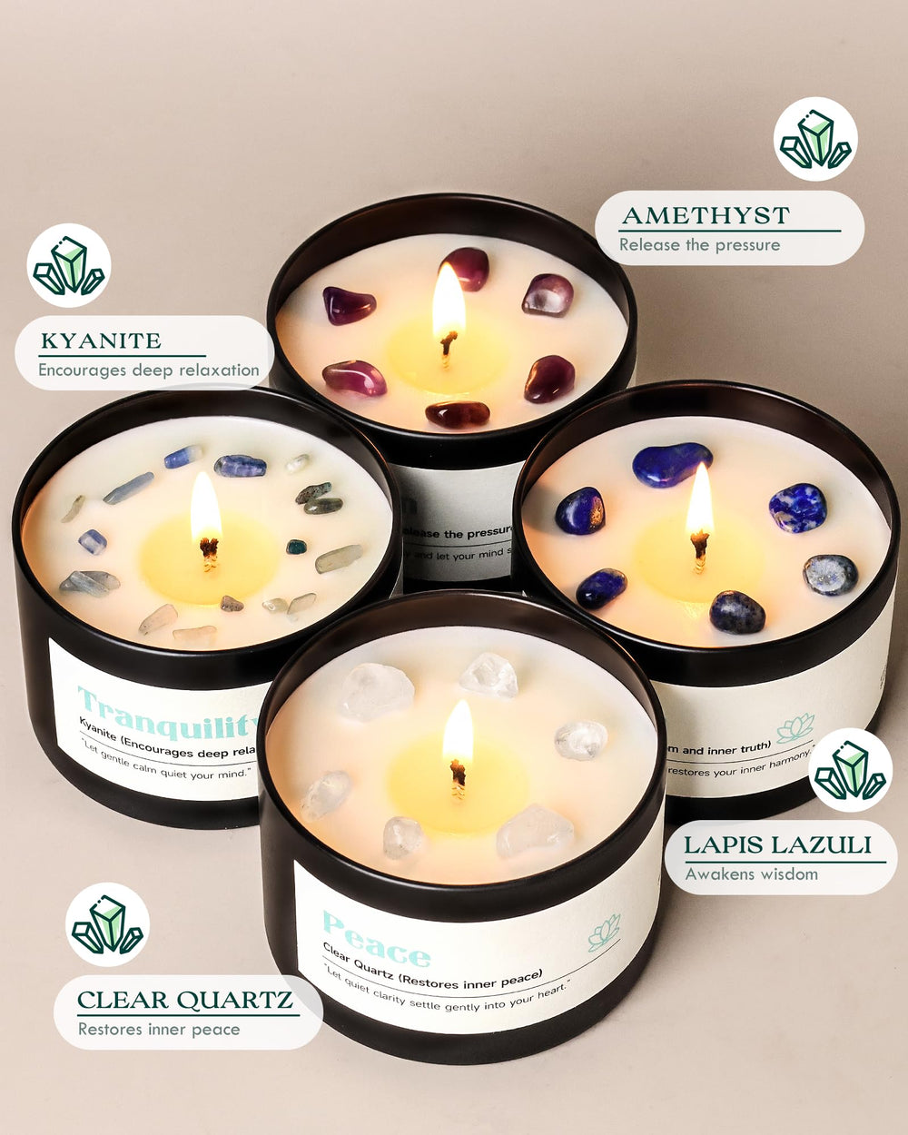 AOOVOO Crystal Calm Candles 4-pack emphasizes compact design for small spaces.