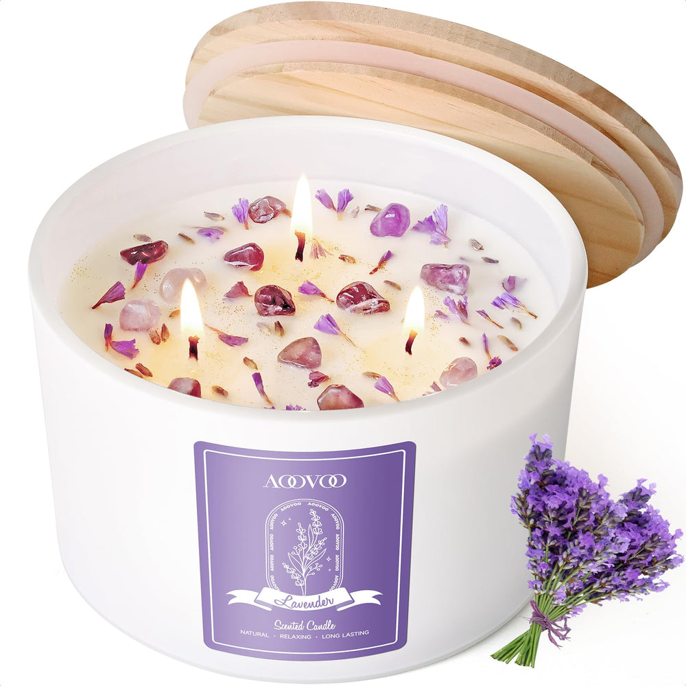 AOOVOO lavender candle 20oz with crystals on a coffee table for relaxation