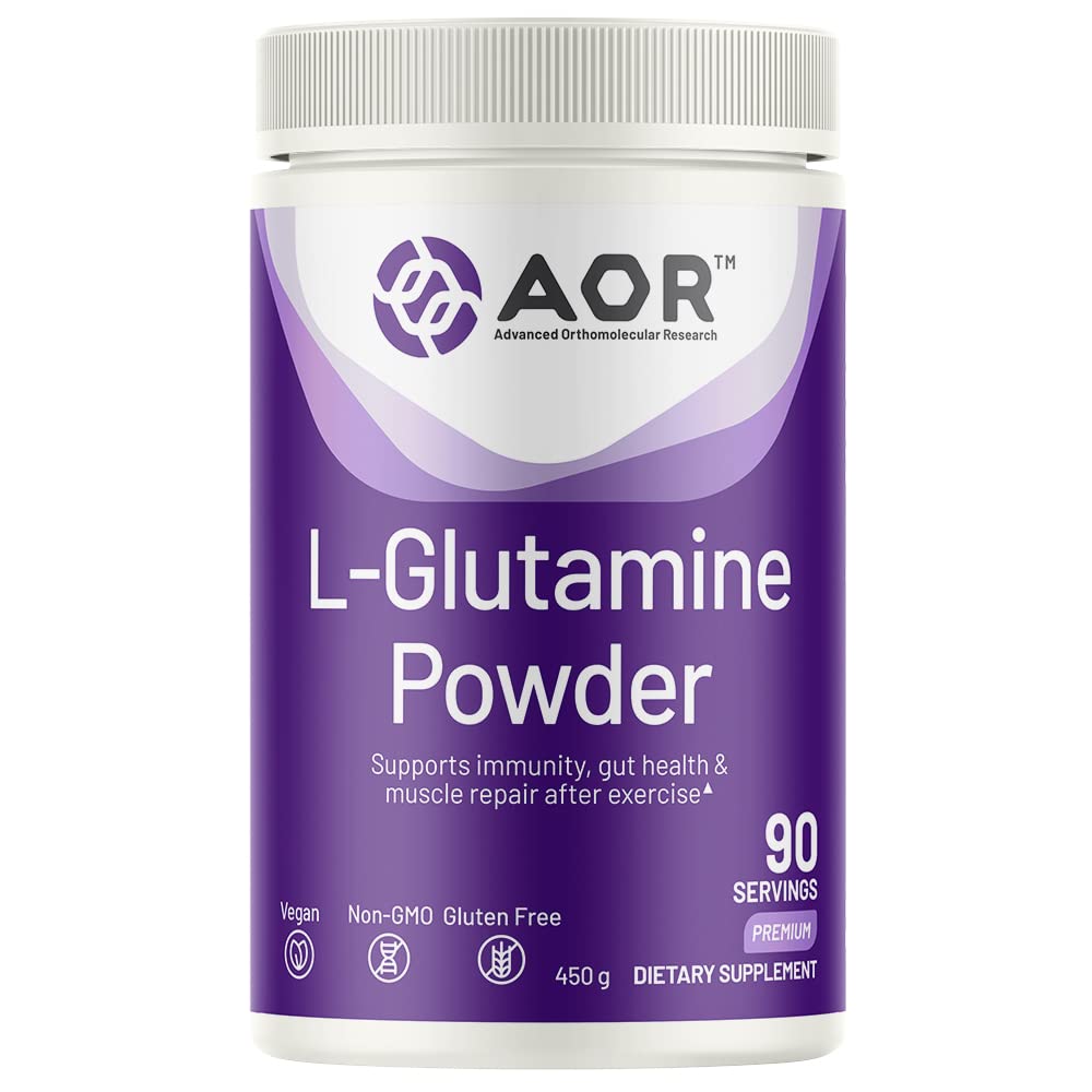 AOR L-Glutamine powder bottle highlighting immune and gut health support.