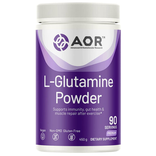 AOR L-Glutamine powder bottle highlighting immune and gut health support.