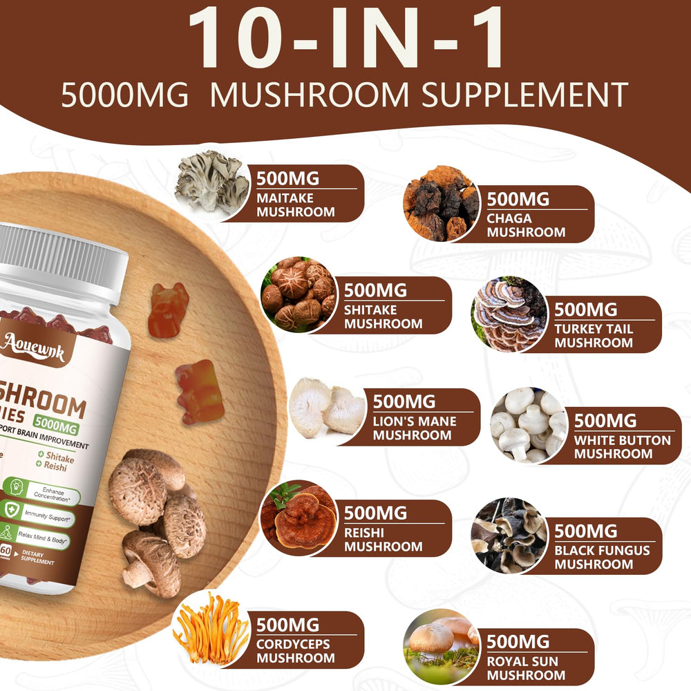 Aouewnk 10-mushroom blend illustration highlights diverse cognitive and immune benefits.