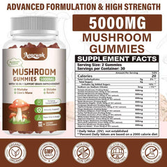 Aouewnk 5000mg mushroom gummies close-up shows chewy texture and blueberry flavor.