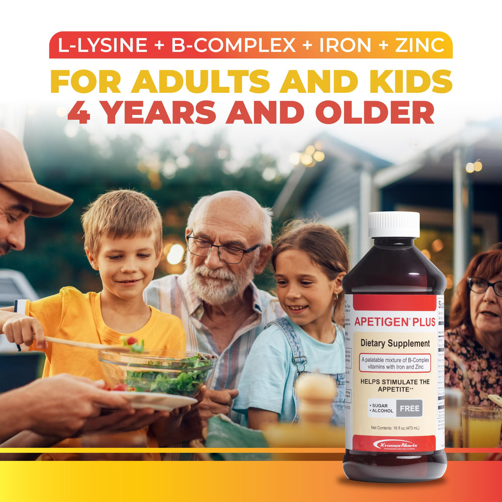 Apetigen-Plus nutrition panel highlights B vitamins, zinc, and iron.