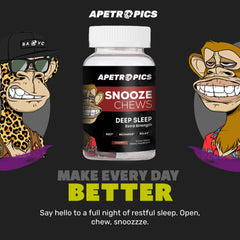 Apetropics Snooze Chews gummies arranged beside a glass for bedtime routine.