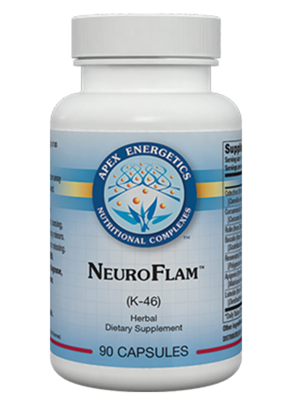 Apex Energetics NeuroFlam K-46 bottle on a clean desk for daily routine