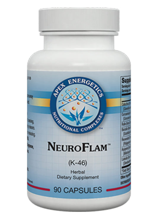 Apex Energetics NeuroFlam K-46 bottle on a clean desk for daily routine
