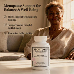 Apoptosis Menopause box packaging on a kitchen counter.