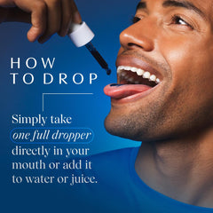 A dropper releasing Blue Burn Drops into a glass for cravings control.