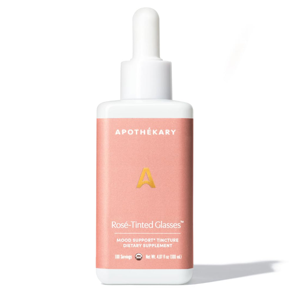 Apothékary Rosé-Tinted Glasses bottle highlights a wine-inspired, alcohol-free drop for mood support and focus.
