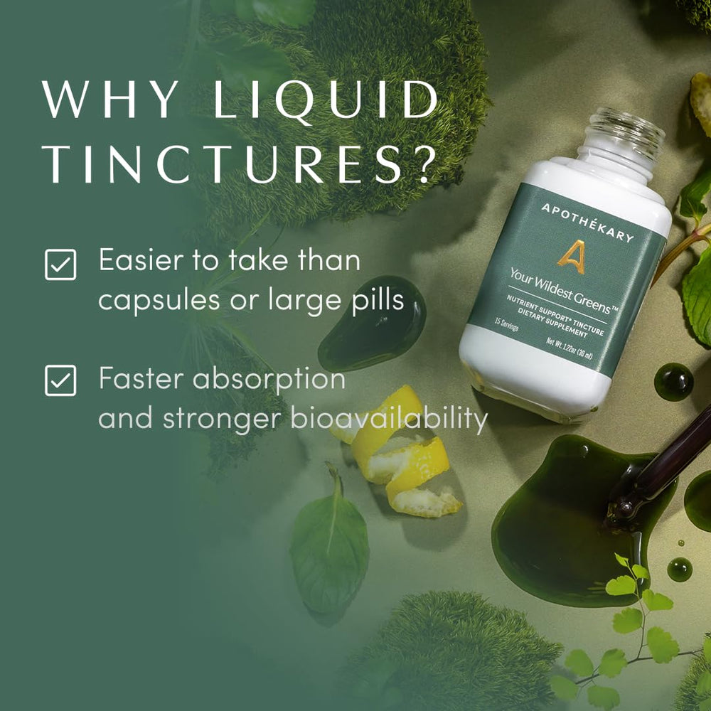 Apothekary Wildest Greens Drops poured into a glass for a greens boost.