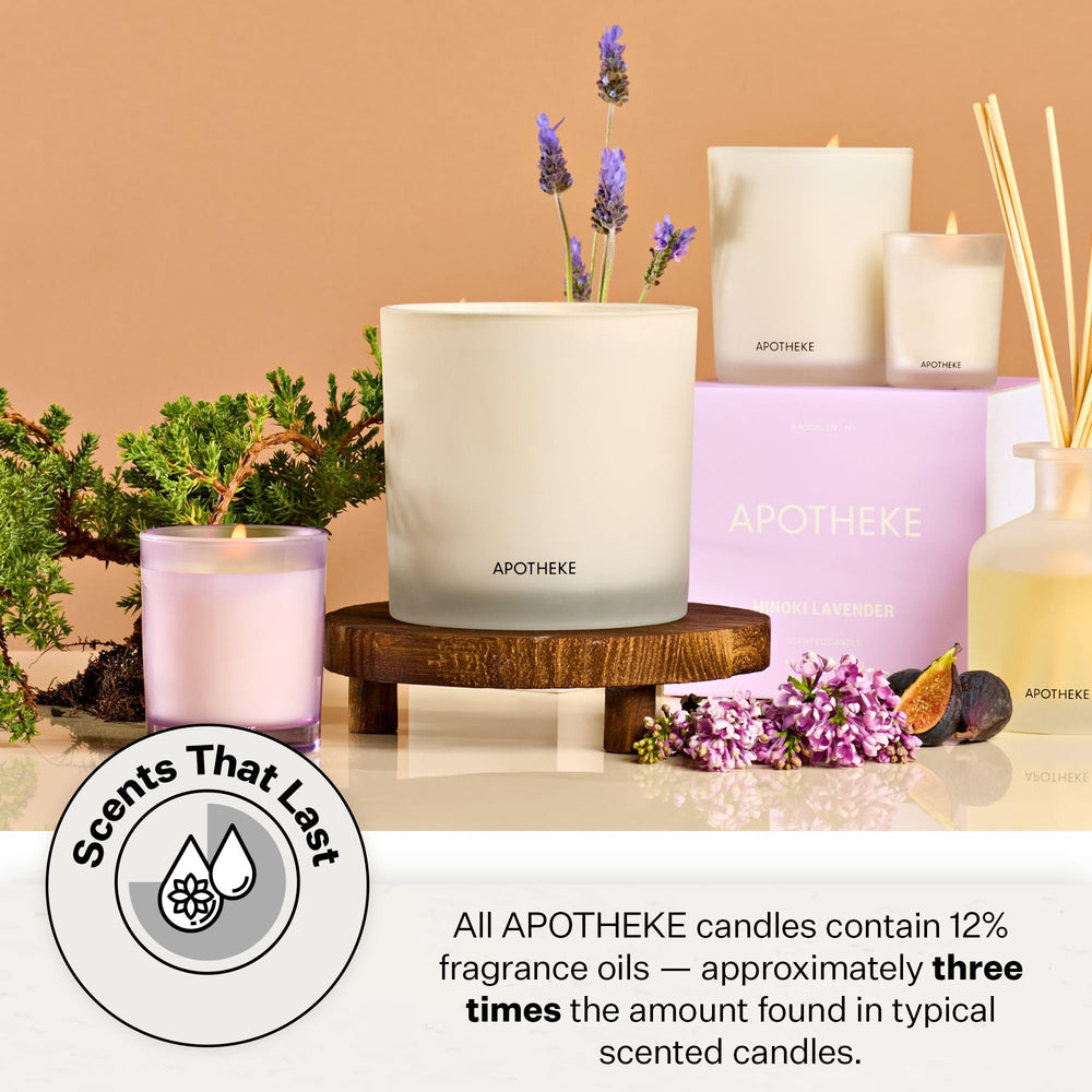 APOTHEKE 5 oz candle with 12% fragrance oils for rich aroma.
