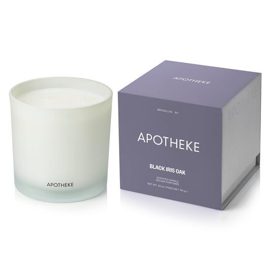 APOTHEKE Black Iris Oak 3-Wick Candle with glass vessel for warm ambiance
