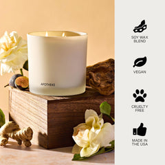 APOTHEKE Cedarwood Ginger candle in a living room setting creates inviting atmosphere.