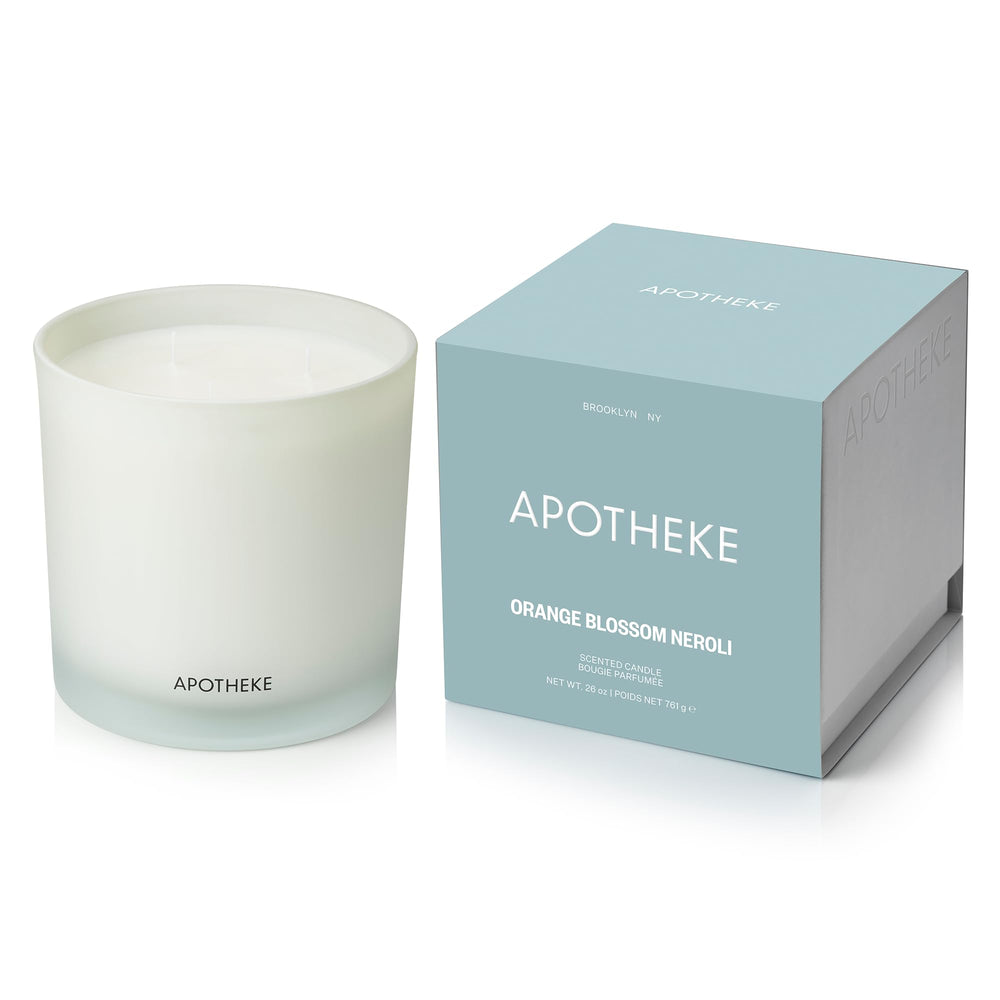 APOTHEKE orange-bloom-neroli 3-wick candle offers long-lasting living room fragrance.