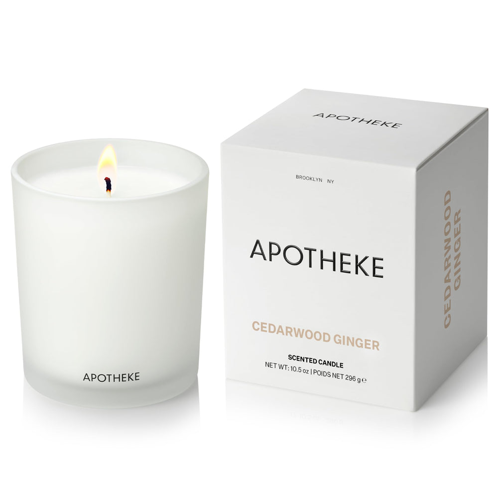 APOTHEKE Signature Cedarwood Ginger candle in a white jar for elegant home fragrance