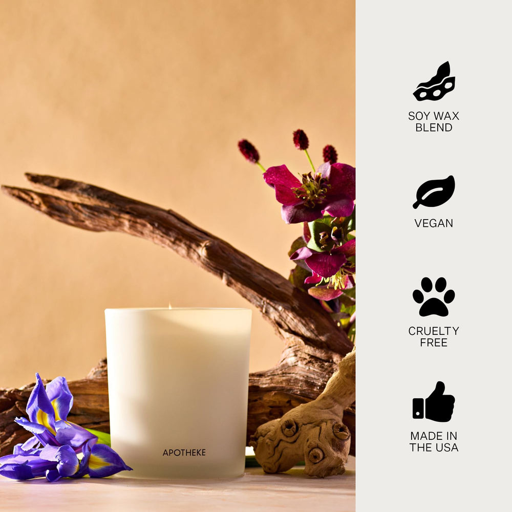 APOTHEKE Soy-wax blend with cotton wick ensures clean burn.