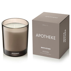 APOTHEKE White Vetiver petite candle front view showing elegant jar and label for cozy spaces
