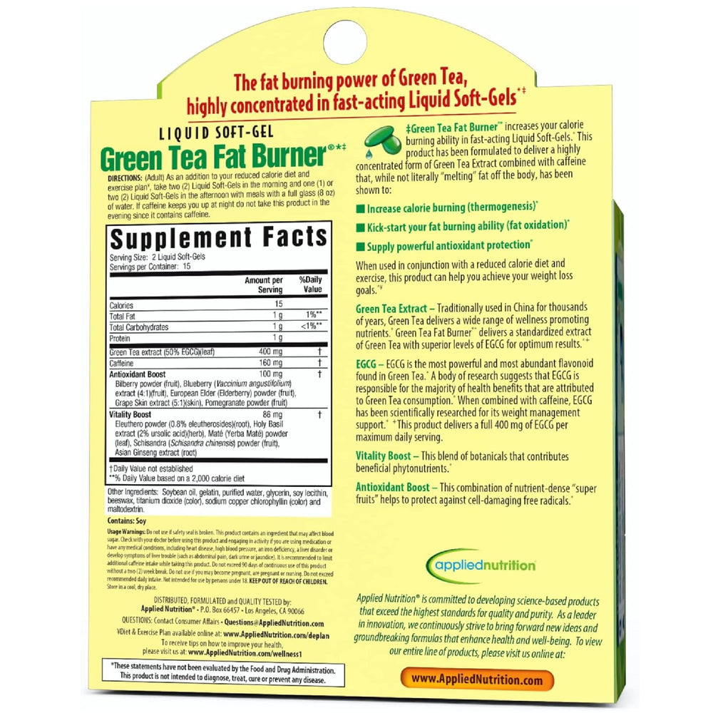 Applied Nutrition Green Tea Fat Burner bottle shot conveys vitality-boosting botanicals in use