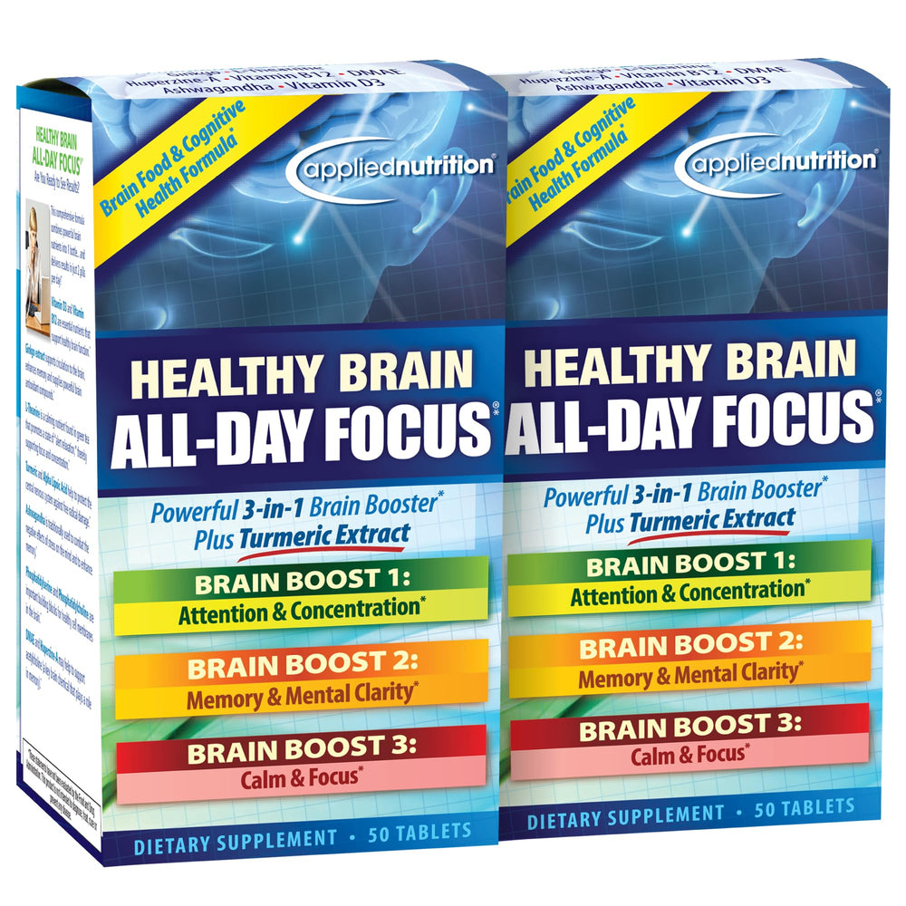 Applied Nutrition Healthy Brain All-Day Focus bottle for on-the-go cognitive support