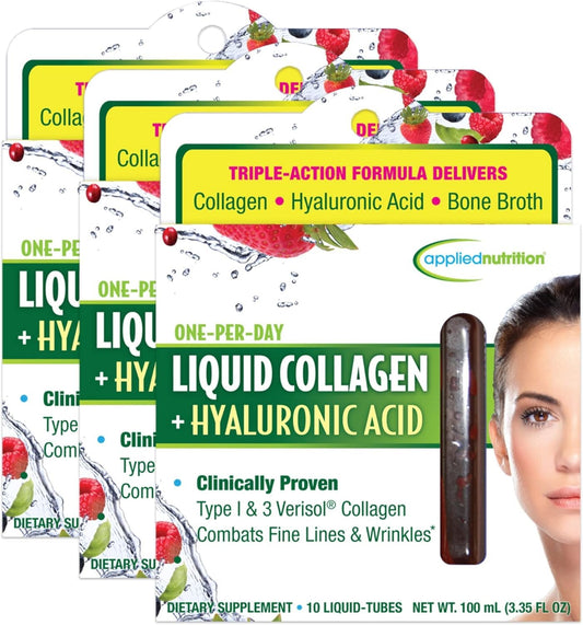 Applied Nutrition liquid collagen bottle with mixed berry flavor for daily skin and nail support.