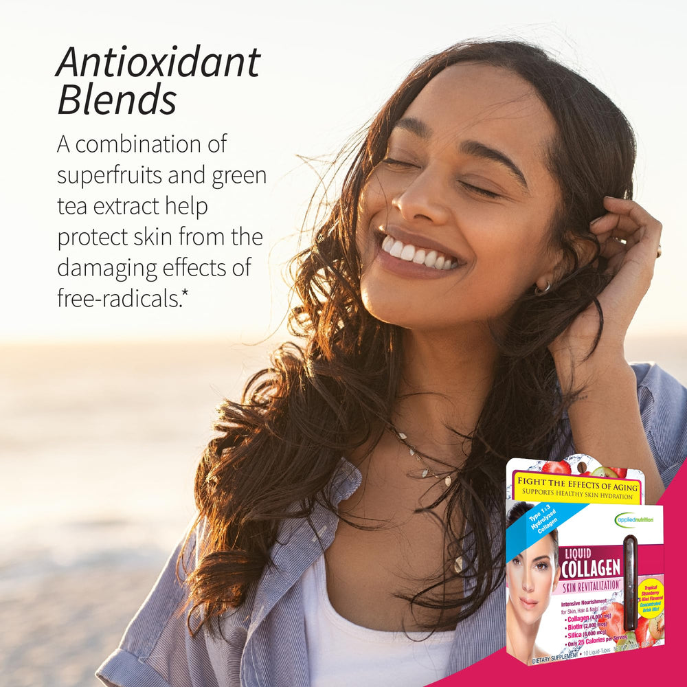 Applied Nutrition Liquid Collagen ingredients panel with biotin and horsetail silica.